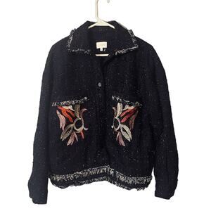 Foxiedox Anthro Metallic Navy Blue Floral Embroidered Fringe Jacket Women SZ 4